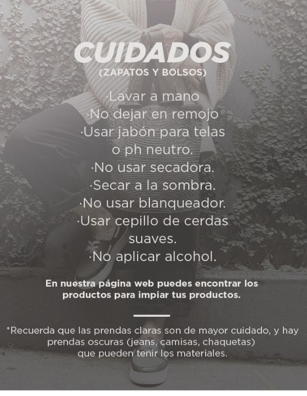 Guía de cuidados para limpiar zapatos y bolsos Animalista. Recomendaciones: lavar a mano, usar jabón neutro, secar a la sombra y evitar blanqueador o alcohol en productos veganos.