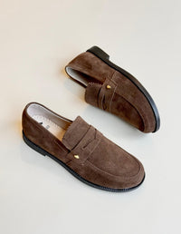 Fotografía superior directa de dos mocasines idénticos marrones de gamuza tipo penny loafer Animalista sobre un fondo blanco.