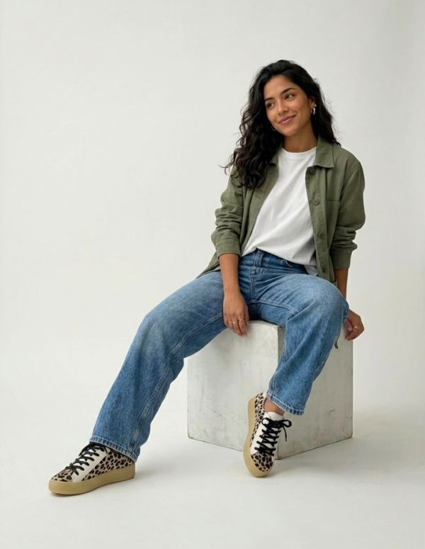 Mujer con look casual de jeans anchos, camiseta blanca y chaqueta verde, luciendo los Tenis Simple Chunky Print de leopardo de Animalista.